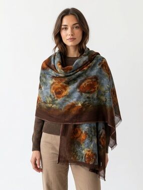 Sévya Handmade 100% Wool Floral Scarf Shawl Boho Earthy Brown